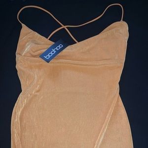 SKINNT COWL NECK MIDI DRESS MUSTARD